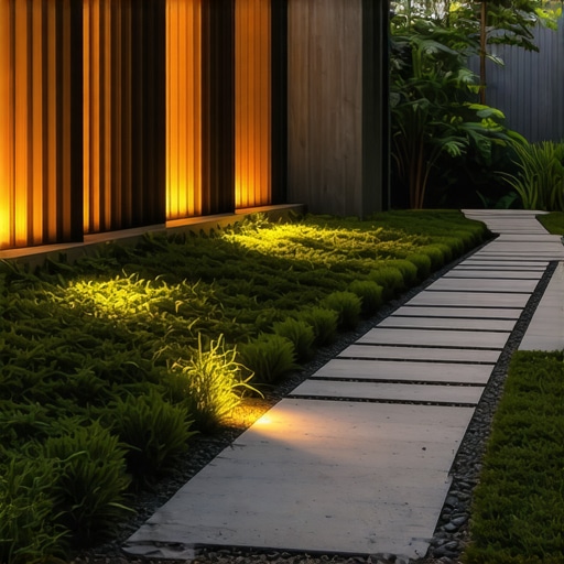 Contemporary Hardscaping Design in a Modern Garden Modern garden featuring permeable paving and integrated lighting for sustainability and aesthetic appeal.