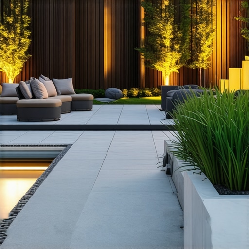 Modern backyard with integrated lighting, water features, and permeable pavers
