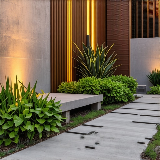 Contemporary Hardscaping Design with Sustainable Features Modern outdoor space featuring geometric paving, native plants, and solar lighting