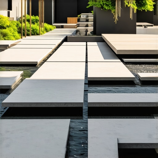 Modern garden with sleek hardscaping, water features, and geometric patterns.