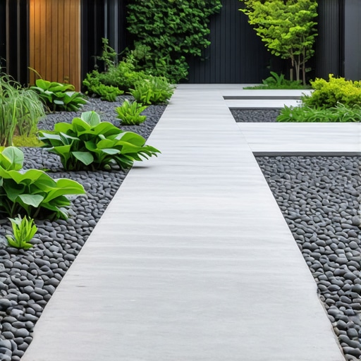 Modern garden with eco-friendly hardscape features, pathways, and lighting