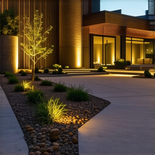 Eco-Friendly Modern Hardscape Design Sustainable modern outdoor hardscape with native stones, solar lighting, and drought-tolerant plants.