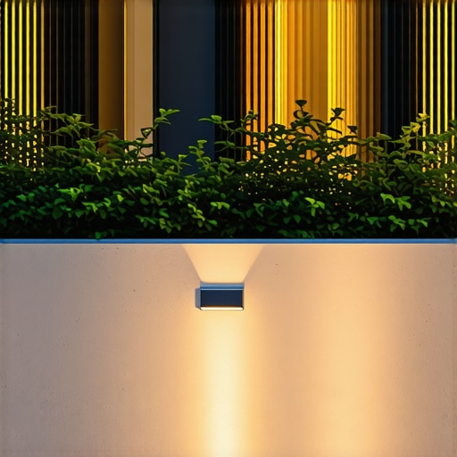 Modern garden illuminated with layered lighting during sunset