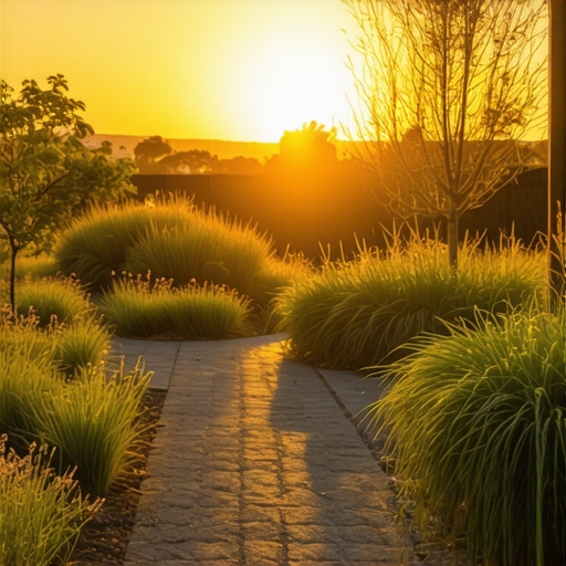 A lush modern garden with smart lighting, native plants, and permeable paving