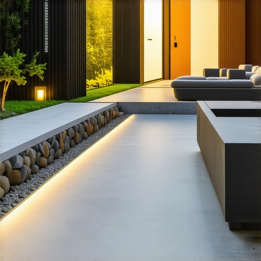 Contemporary backyard featuring concrete pavers, natural stone, and ambient lighting at dusk