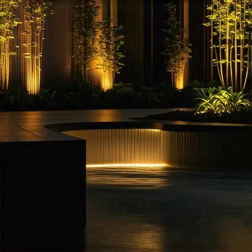 Elegant modern garden with lighting and water feature at sunset, showcasing textured materials and native plants