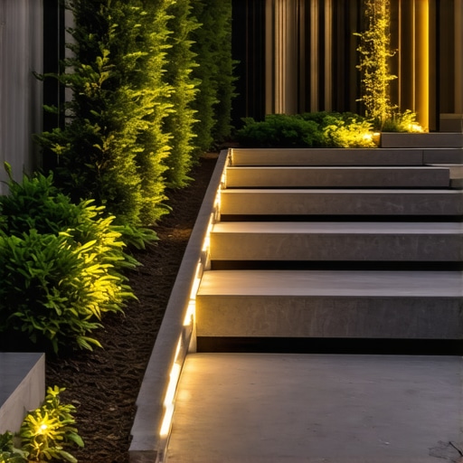 Modern garden featuring minimalist hardscaping, smart lighting, and eco-friendly materials.