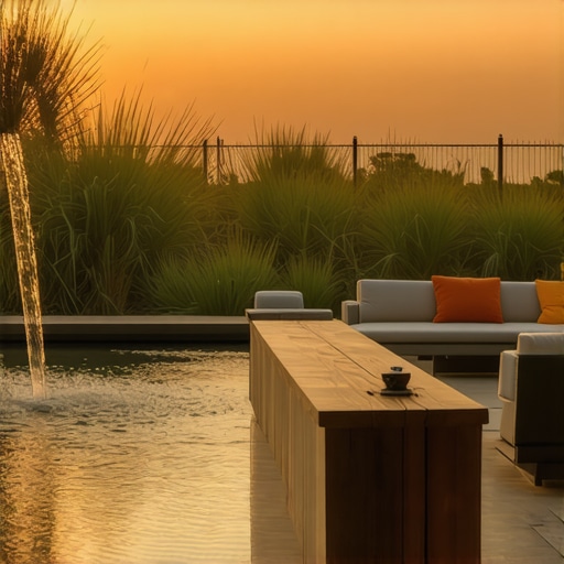 Contemporary Garden with Personal Touches A stylish outdoor garden with modern hardscaping, native plants, and personalized decor at sunset.