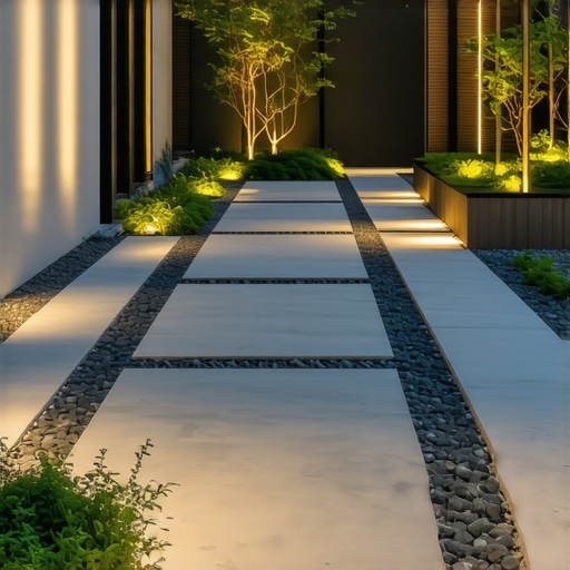 Modern garden scene showcasing permeable pavers, reclaimed wood features, solar lighting, lush plants, evening setting
