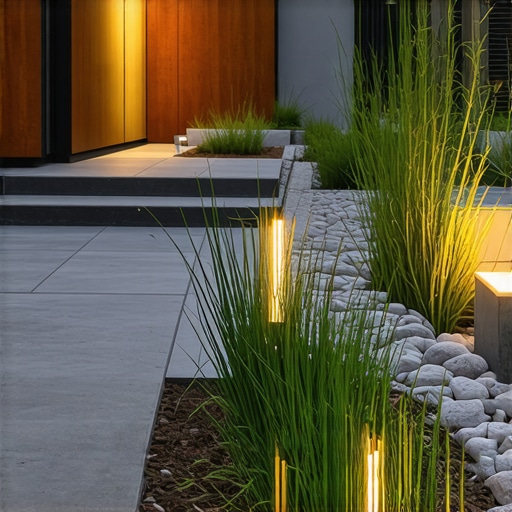 A modern garden featuring concrete pavers, corten steel accents, native plants, and ambient lighting