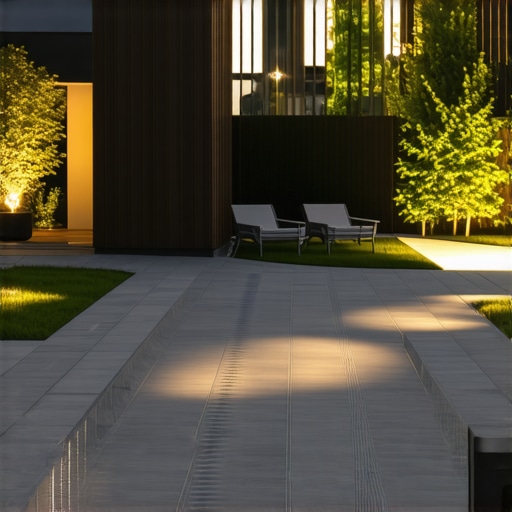 Contemporary eco-friendly hardscaping design A stylish backyard showcasing permeable pavers, integrated smart lighting, and sustainable landscape features.