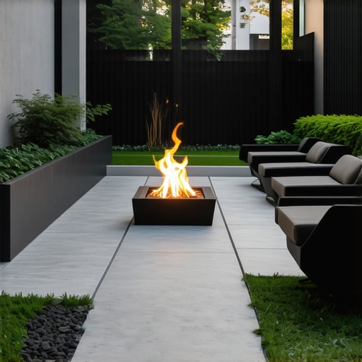 A modern outdoor space featuring concrete pathways, fire pit, and minimalist planters