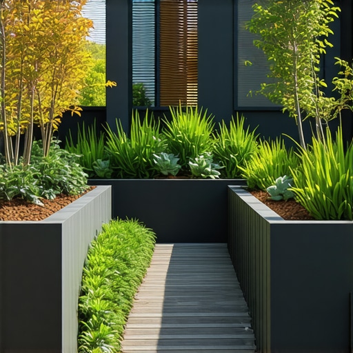 Contemporary outdoor garden featuring smart irrigation and biophilic elements
