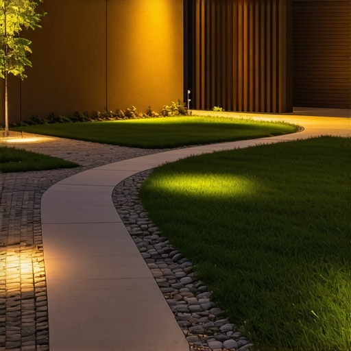 A contemporary garden showcasing permeable pavers, solar-powered pathways, and eco-friendly materials