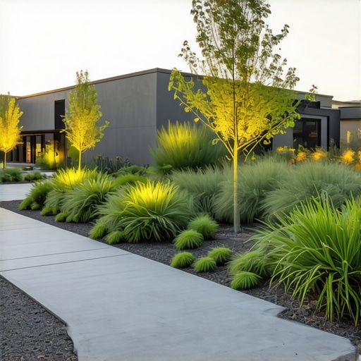 Innovative Sustainable Landscape Design 2025 Modern landscape showcasing native plants, permeable pavements, and subtle smart lighting.
