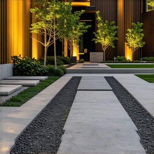 Modern Hardscaping Features for 2025 Contemporary backyard with permeable pavers, smart lighting, and eco-friendly design elements.