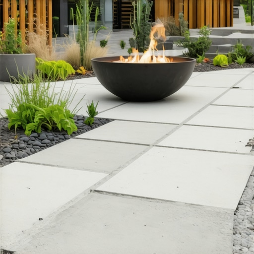 A stylish backyard featuring concrete paths, a fire pit, and lush native plants, exemplifying contemporary outdoor design.