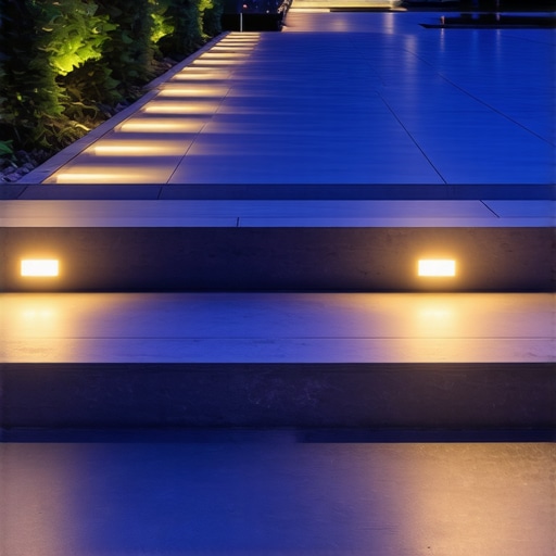 Elegant outdoor patio with integrated LED pathway lighting at dusk, showcasing modern landscape design