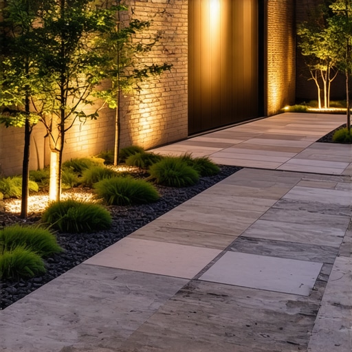 A modern backyard featuring smart lighting, natural stone elements, and eco-friendly design at dusk