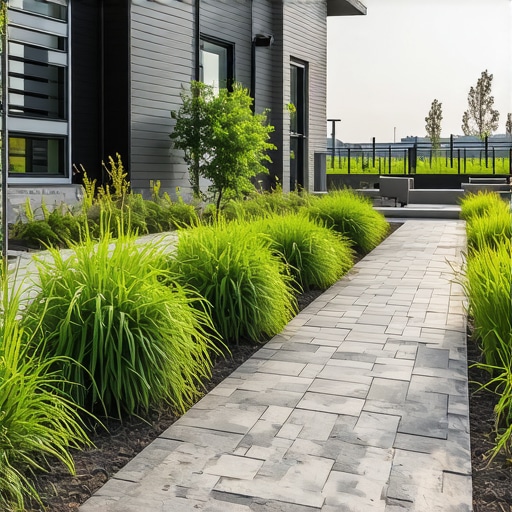 A contemporary backyard featuring eco-friendly hardscape elements like permeable pavers and rain gardens.