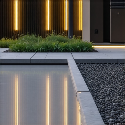 Contemporary outdoor hardscape with permeable concrete pavers, rain gardens, and solar lighting