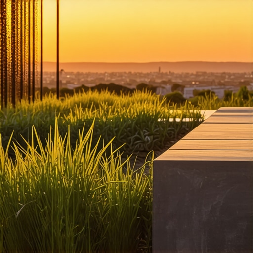 Modern garden landscape with native plants and integrated smart lighting at sunset.