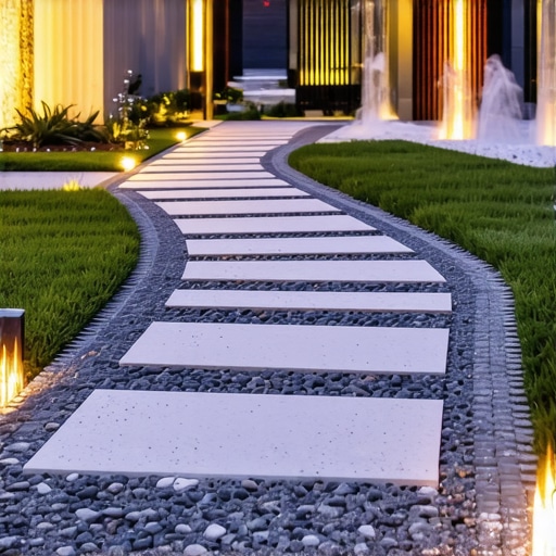 Stylish modern outdoor hardscape with pathways, lighting, and water feature