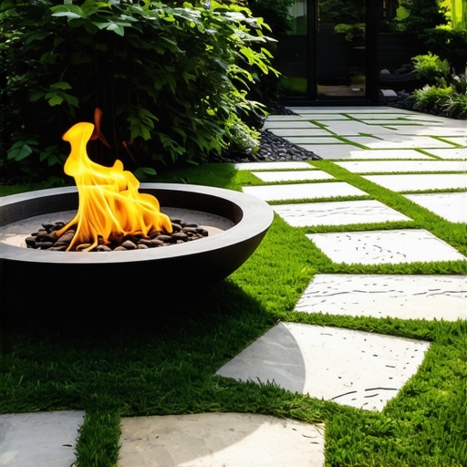 Modern backyard with stone pathway, fire pit, and lush plants