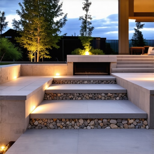 Elegant outdoor hardscape with layered patios, water features, and integrated lighting at night