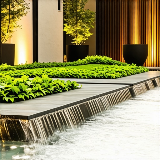 A modern outdoor garden with smooth concrete pathways, a small fountain, and ambient lighting at dusk