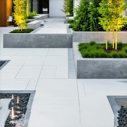 Modern backyard with permeable pavers, layered garden beds, and integrated lighting