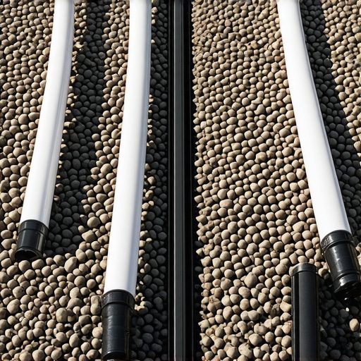 Close-up of garden drainage with gravel and pipes ensuring proper water flow.