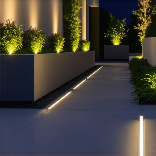 Contemporary backyard featuring hardscaping elements like pathways, lighting, and planters at night