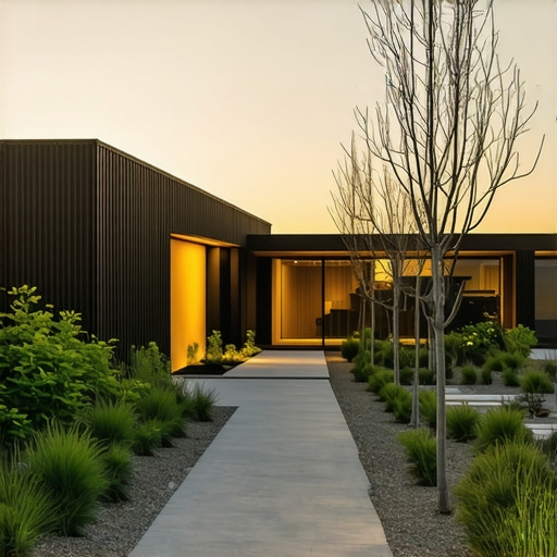 Sleek modern outdoor garden with geometric pathways, sculptural plants, and ambient lighting