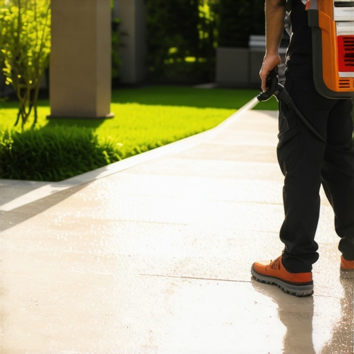 Person cleaning a modern patio with a pressure washer, highlighting maintenance tools for outdoor hardscaping
