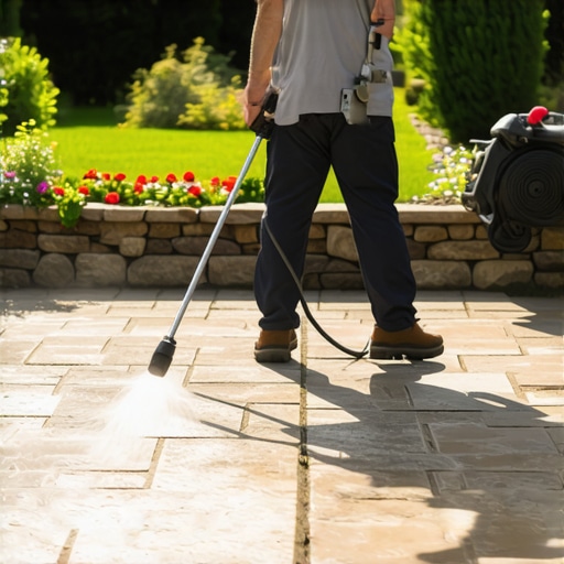 A person using a pressure washer to clean a stone patio, highlighting maintenance tools for hardscaping