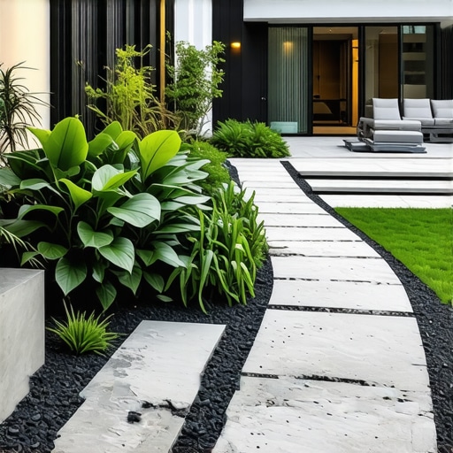 Stylish outdoor backyard featuring hardscaping elements and vibrant plants