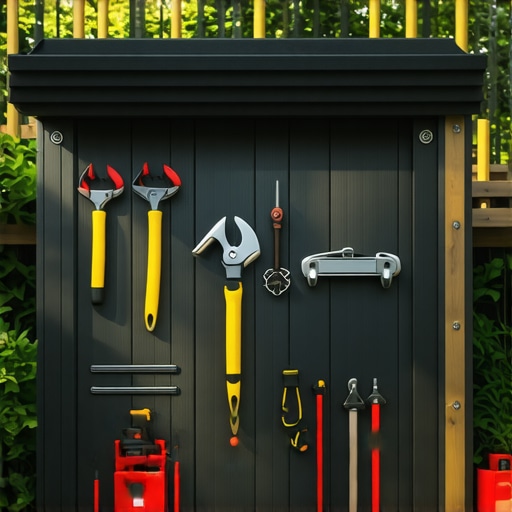 Organized garden tools and equipment in a well-maintained backyard