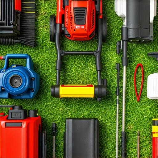 Professional gardener using lawn maintenance tools including edgers, pressure washer, and soil tester