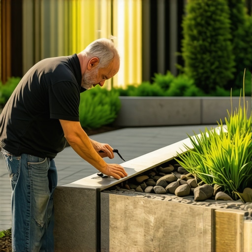Landscape designer evaluating outdoor hardscaping features in a contemporary garden.