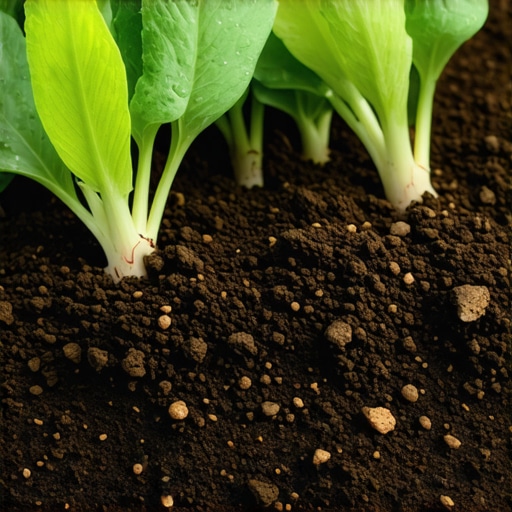 Rich, organic garden soil teeming with microbial life with lush plants in the distance.