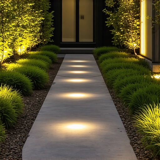 A contemporary backyard featuring a stone pathway with integrated lighting at dusk.