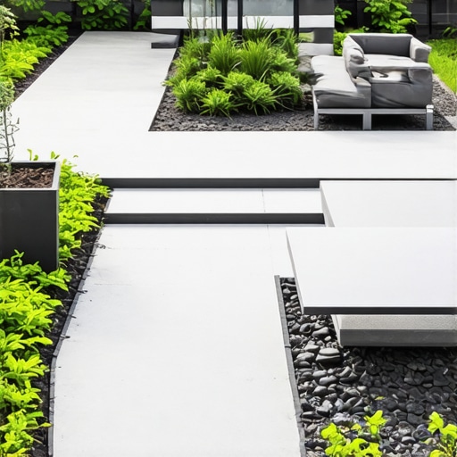 Beautiful backyard with contemporary hardscaping and lush plants.