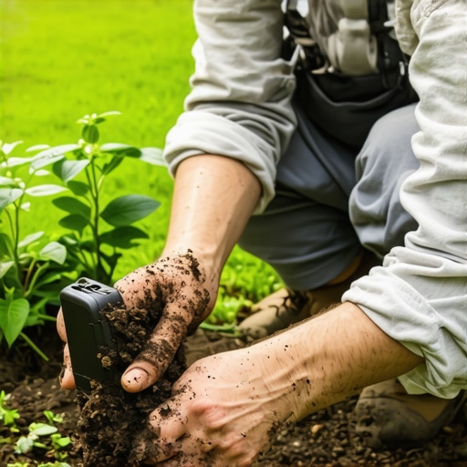 A gardener checking a soil moisture sensor in the garden to optimize watering