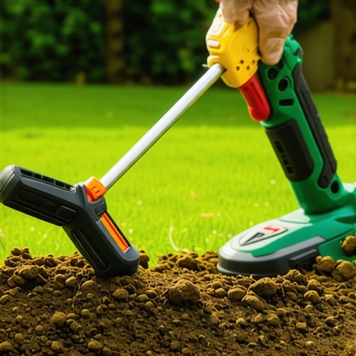 A gardener's hand holding a soil test kit next to a cordless trimmer in a vibrant garden