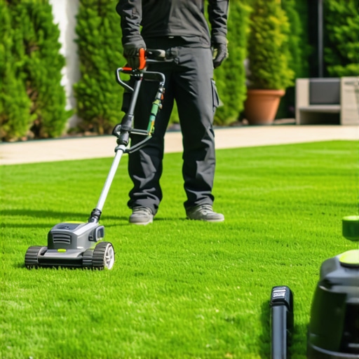 A gardener demonstrating the use of advanced lawn care equipment in a well-maintained yard.