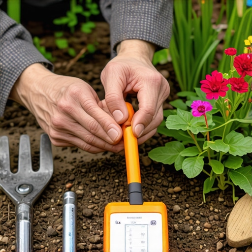 Gardener checking soil moisture with a sensor in a lush garden