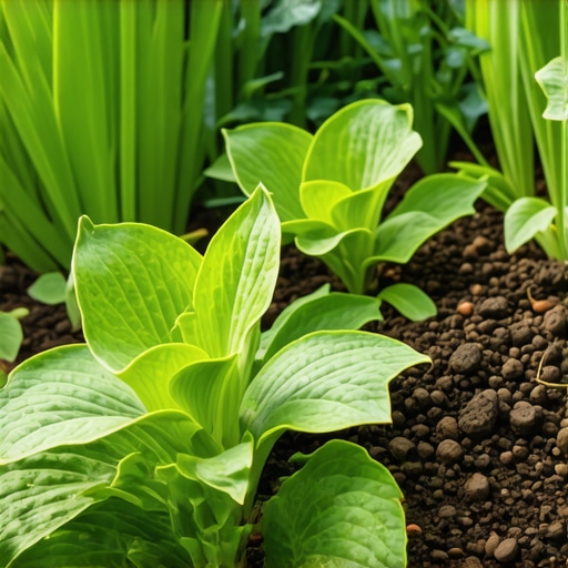 Healthy Garden Soil with Native Plants Close-up of rich garden soil with native plants and a modern irrigation system