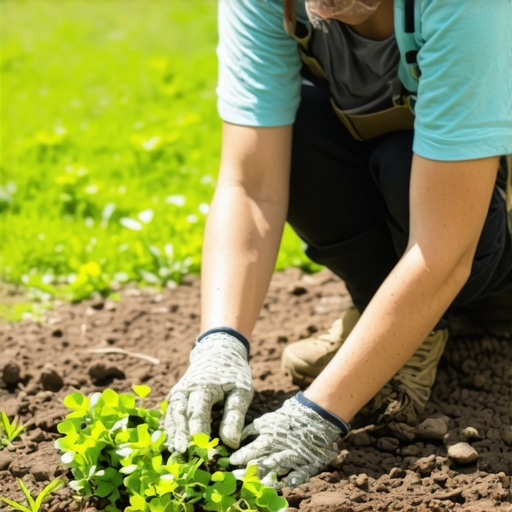 Pet-safe ground cover installation A person planting clover in a backyard garden with pathways and pet-friendly features