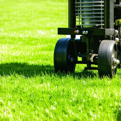 A high-quality core aerator working on a healthy lawn, soil plugs being extracted